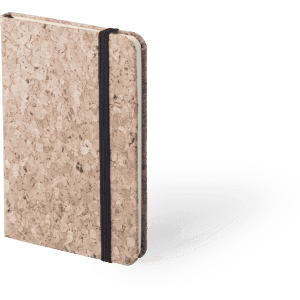 A cork notepad with a black elastic band. Its textured cover features natural cork material.