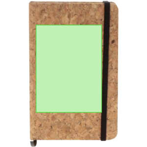 A cork-covered notepad with a black elastic band, featuring a blank green insert on the front.