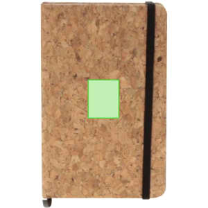 A cork-covered notepad with a black elastic band and a central rectangular cutout.