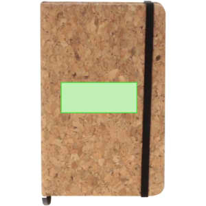 A cork notepad with a black elastic band and a blank green rectangle on the cover.