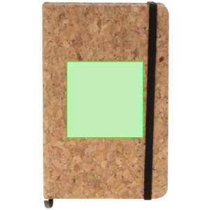 A notepad with a cork cover, featuring a black elastic band and a green blank square area on the front.