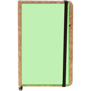 A cork notepad with a bright green cover and a black elastic band closure, featuring a logo.