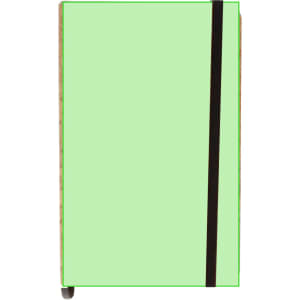 A green notepad with a black elastic band, featuring a natural cardboard spine. It has a simple design and a logo.