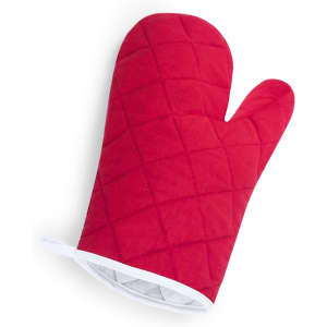 A red quilted oven mitt with a white trim. The mitt features a diamond pattern and a hanging loop.