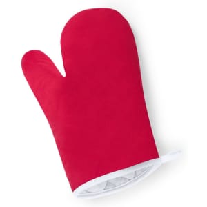 A bright red oven mitt with a white trim and quilted interior, featuring a hanging loop.