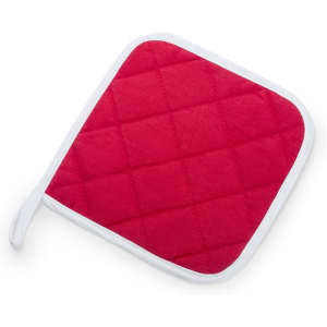 A red quilted oven mitt with a white trim, featuring a hanging loop for easy storage.