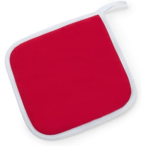 A red pot holder with a white trim, featuring a hanging loop for easy storage.