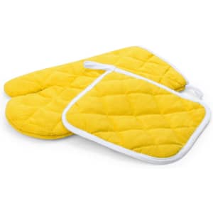 A yellow quilted oven mitt and pot holder set with white trim and hanging loops.