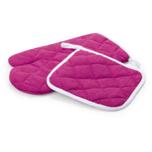 A pink oven mitt and a matching pot holder with a quilted design, featuring white trim.