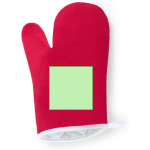 A red oven mitt featuring a blank green square. It has a white lining and a hanging loop.