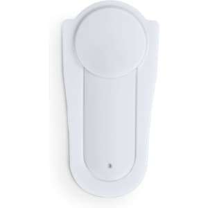 A white phone stand with a circular top and a flat base, featuring a small logo at the bottom.