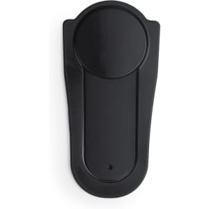 A black phone stand with a circular base and elongated shape, featuring a branding logo.