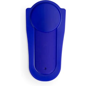 A blue phone stand with a circular top section and a rectangular base. It includes a logo.