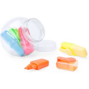 A transparent jar containing a set of highlighters in pink, yellow, orange, blue, and green.