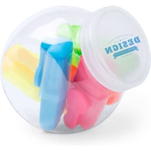 A clear jar containing highlighters in blue, pink, green, and yellow colours, with a branding logo on the lid.