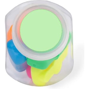 A clear container holding a set of highlighters in various colours: pink, yellow, green, blue, and orange.