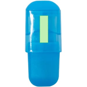 A blue highlighter with a transparent cap, featuring a bright yellow highlighting tip. The product has a branding logo.