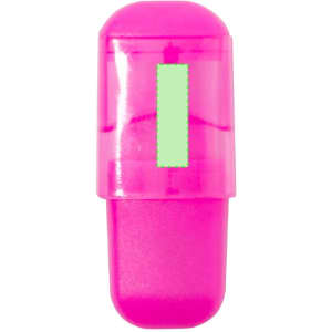 A pink highlighter with a green ink cartridge and a transparent casing, featuring a logo on the side.