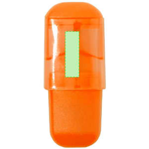 An orange highlighter with a clear cap, featuring a green ink tip. The product includes a logo.