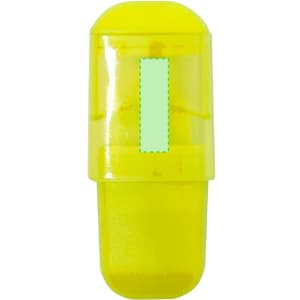A yellow highlighter with a transparent cap, featuring an inner writing nib and a logo.