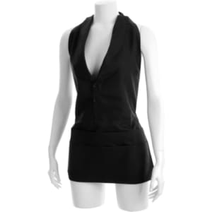 A black, sleeveless apron with a deep V-neck design and front pockets, displayed on a mannequin.