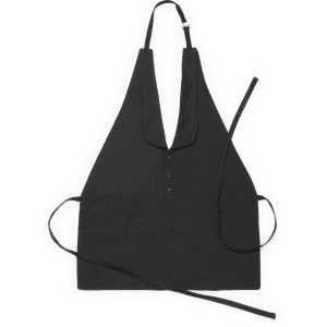 A black apron with a unique design featuring a button front and adjustable straps, including multiple pockets.