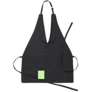 A black apron featuring a green pocket and adjustable neck strap, suitable for workwear.