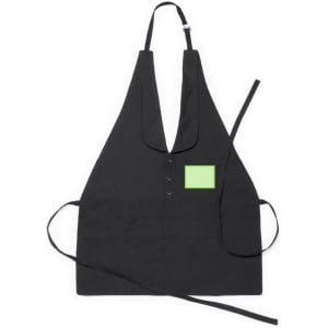 A black apron featuring a pocket and an adjustable neckstrap, with one colour section for branding or decoration.