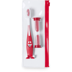 A red toothbrush with a smiling design and a red hourglass timer, enclosed in a transparent white pouch.