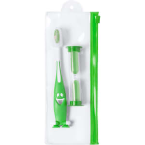 A green toothbrush and a green hourglass timer in a clear zippered pouch. The toothbrush has a smiling face design.