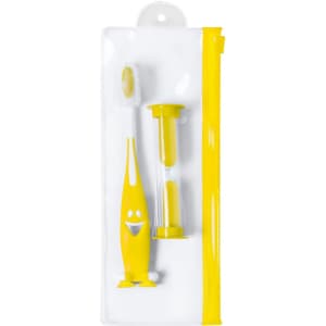 A yellow dental kit featuring a toothbrush and an hourglass timer in a clear pouch with a logo.