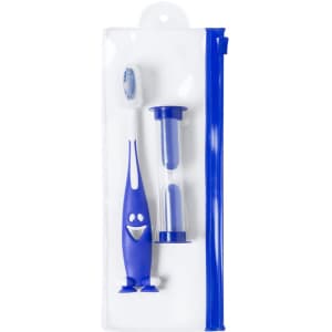 A blue toothbrush and an hourglass timer, packaged in a clear zippered pouch. The toothbrush features a playful design.