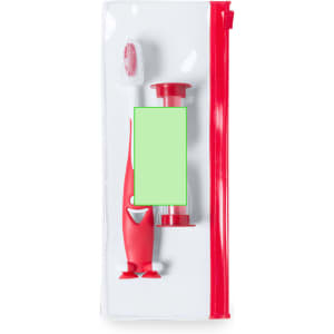 A red toothbrush and a small container, enclosed in a clear zip pouch. It features a branding logo.