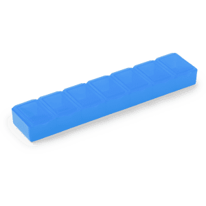 A blue pillbox with sections for organising medication. It has a smooth surface and a compact design.