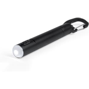 A black pen torch featuring a clip, a button, and a bright LED light at the end.