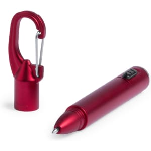 A red pen torch with a removable cap and a clip for attachment. The pen has a sleek metallic finish.