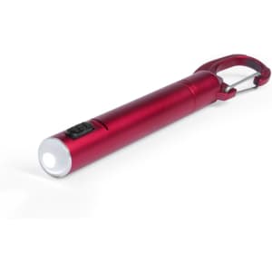 A red Krujer Pen Torch with a metallic finish and a carabiner clip, featuring a bright LED light.