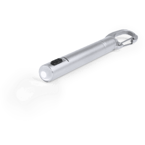 A silver pen torch with a clip and a push button for light activation. It features a logo on the body.
