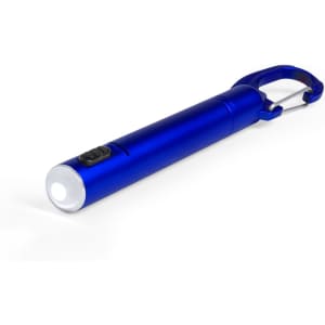 A blue pen-style torch with a carabiner clip and a white LED light at one end.