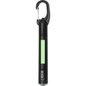 A black pen torch with a clip for attachment and a green accent, featuring buttons on the side.