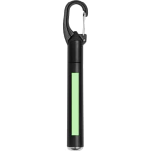 A black pen torch with a green accent and a clip for attaching to bags or belts.