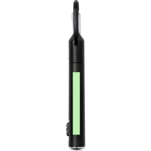 A black pen torch with a green accent and a clip for attachment. It features a button mechanism on the side.