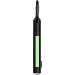 A black pen torch with a green section and a clip for attachment, featuring a branding logo.