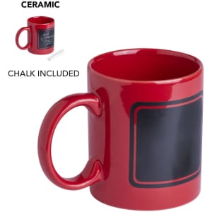 A red ceramic mug featuring a chalkboard-style panel and includes a piece of chalk. It has a rounded handle.