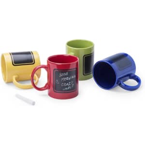 A set of four colourful coffee mugs in red, yellow, green, and blue, featuring a chalkboard area for notes.