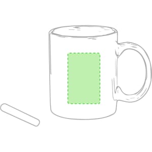 A white coffee mug with a green rectangular space for customisation. Includes a handle and a simple design.