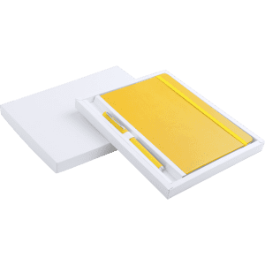 A yellow notebook and pen set displayed in a white packaging box. The notebook features an elastic strap.