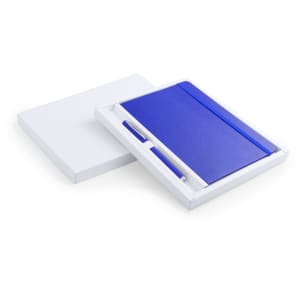 A blue notebook and pen set presented in a white box, featuring a simple design and a logo.