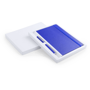 A blue notebook set housed in a white box, including a matching pen.