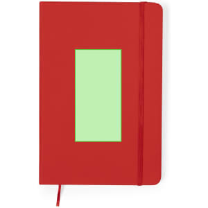A red notebook with a green rectangular section on the cover. It features a matching red elastic band.